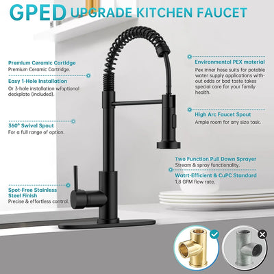 Kitchen Faucet with Pull Down Sprayer, Single Handle Pull Out Spring Sink Faucets for 1 or 3 Hole, Brushed Nickel, Dual Function RV Stainless Steel Kitchen Faucets with Water Lines(Matte Black)