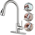 PHANCIR Kitchen Faucet with Pull Down Sprayer, High Arc Single Handle Kitchen Sink Faucets with Pause Button Premium Brushed Nickel with Deck Plate Suit to 1 or 3 Holes