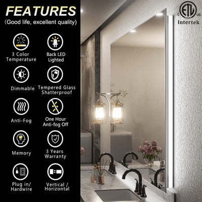 Apmir LED Bathroom Mirror Rectangular Frameless Super Bright Backlited LED Wall Bathroom Vanity Mirror 32x24 inch